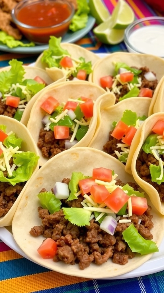 A plate of delicious ground beef tacos topped with lettuce, tomatoes, and cheese, served with salsa and sour cream.